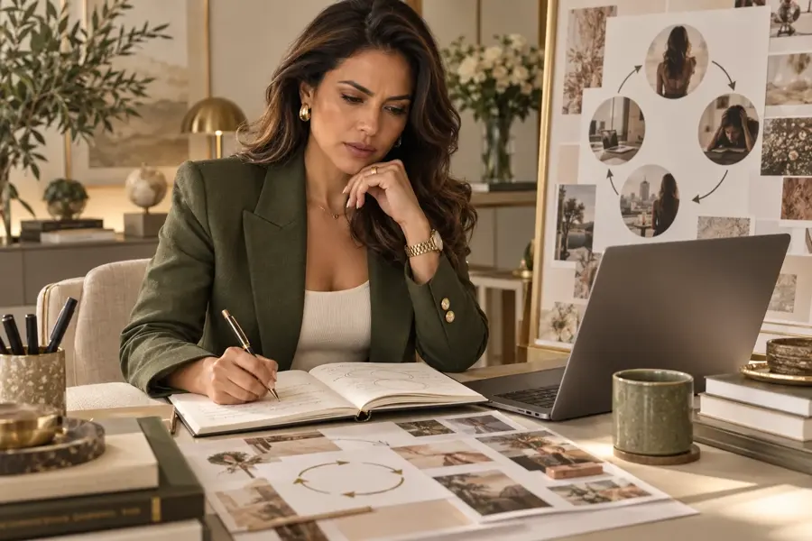 Mulher em ambiente elegante, escrevendo e refletindo sobre seus padrões