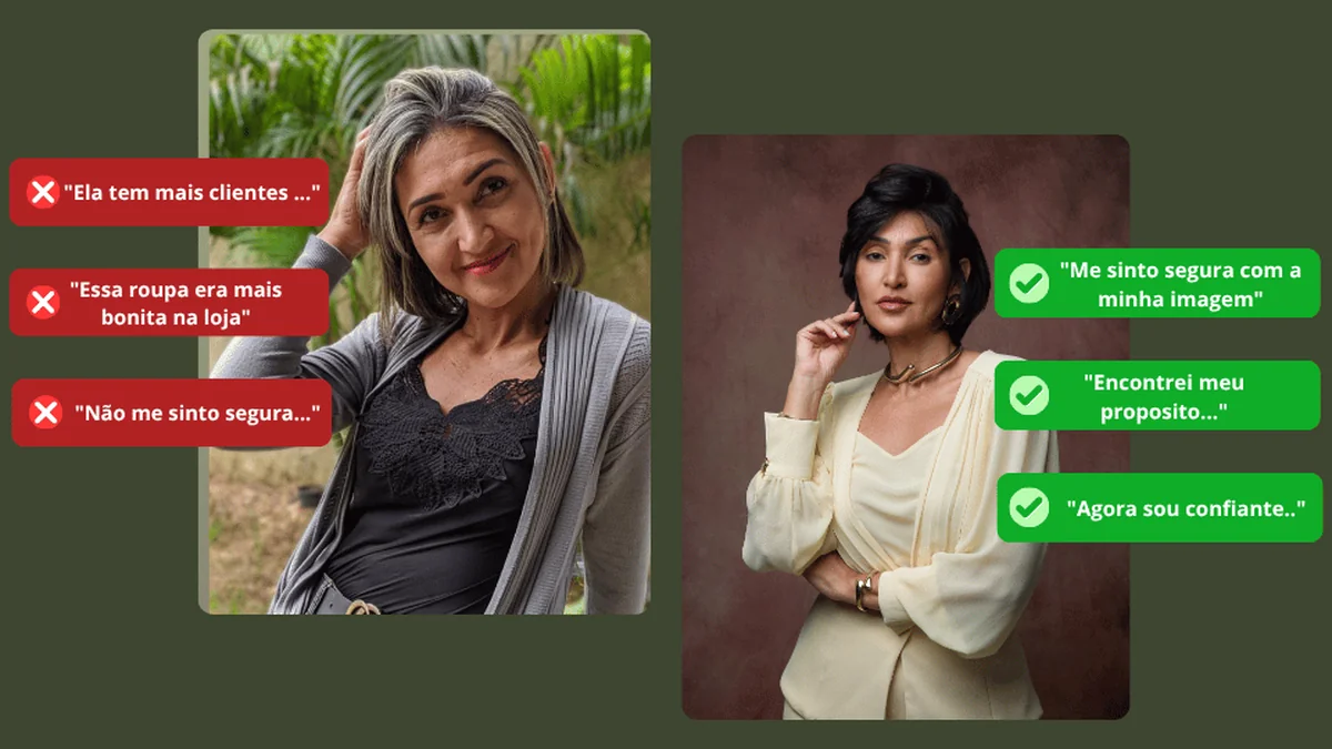 Comparação: mulher insegura antes e mulher segura depois de reconhecer seu código de presença