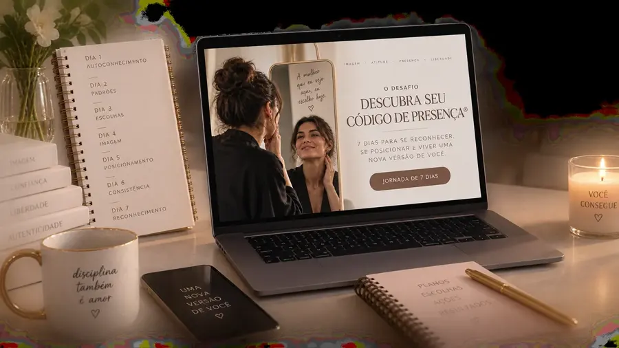 Mockup editorial da jornada de 7 dias do Desafio Código de Presença