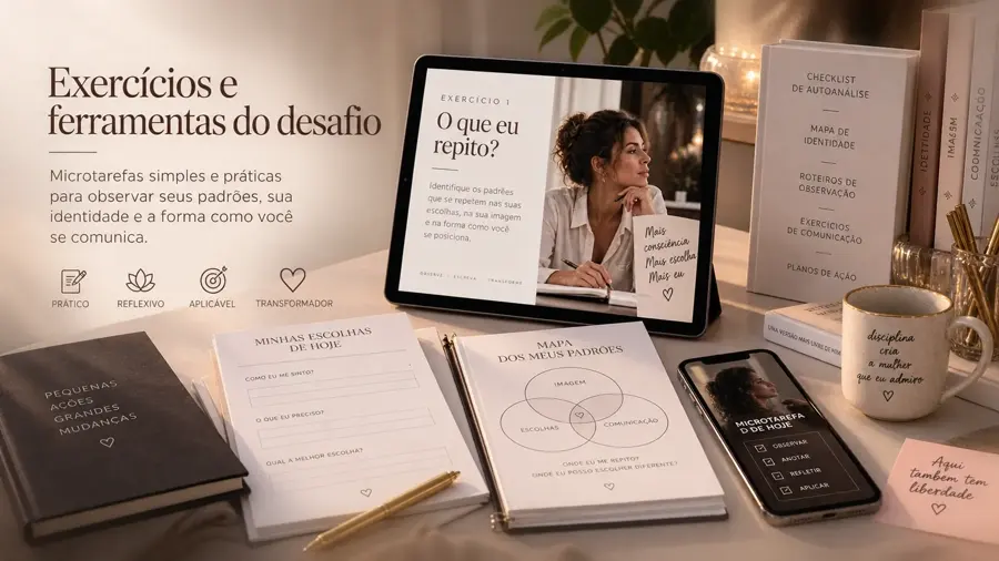 Exercícios e ferramentas do desafio: cadernos, tablet e aplicativo