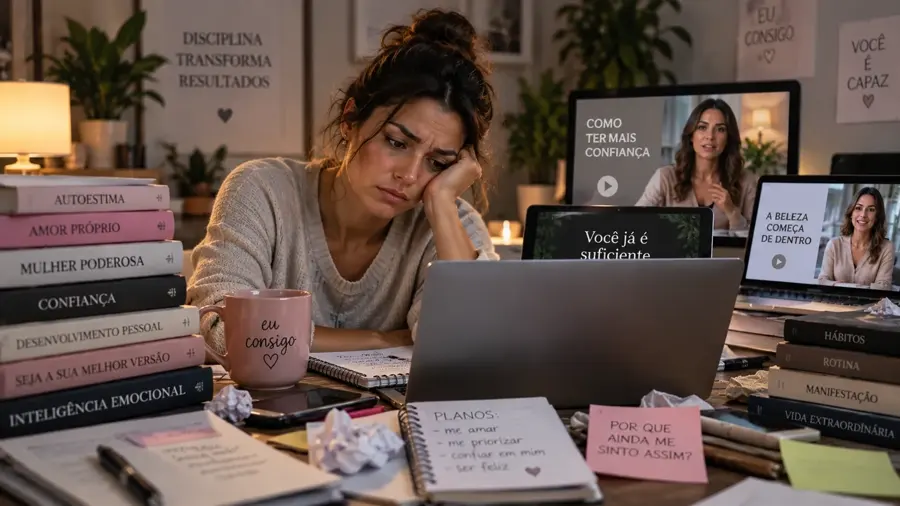 Mulher cansada diante de livros e vídeos sobre autoestima
